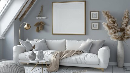 White blank mockup frame, without obstructions, minimalist home office with clean lines, neutral tones, cozy ambiance, 3D render, professional and calm