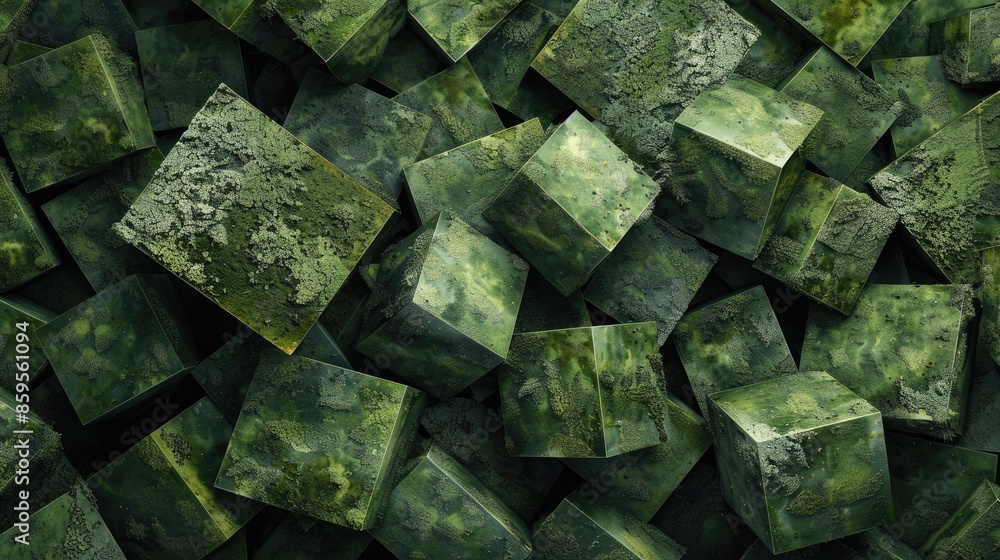 Poster a pile of green cubes with a green background. the cubes are all different sizes and are piled on to