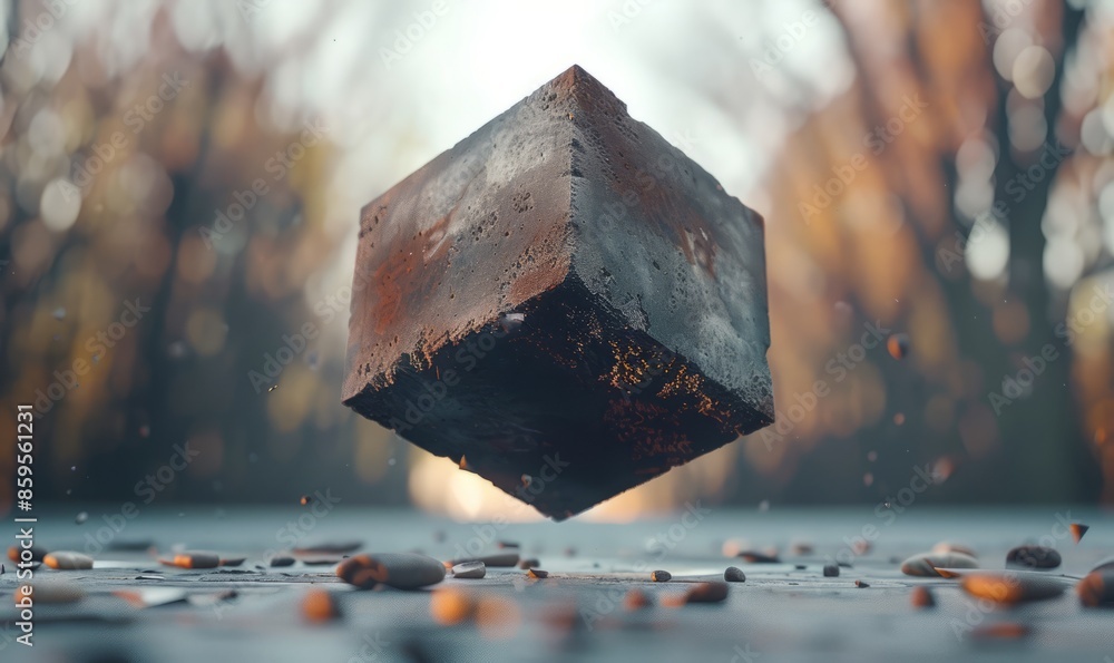 Poster a cube is floating in the air with a lot of debris around it