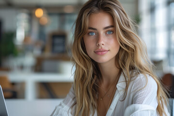 Female executive using a laptop, isolated on a clean white background,