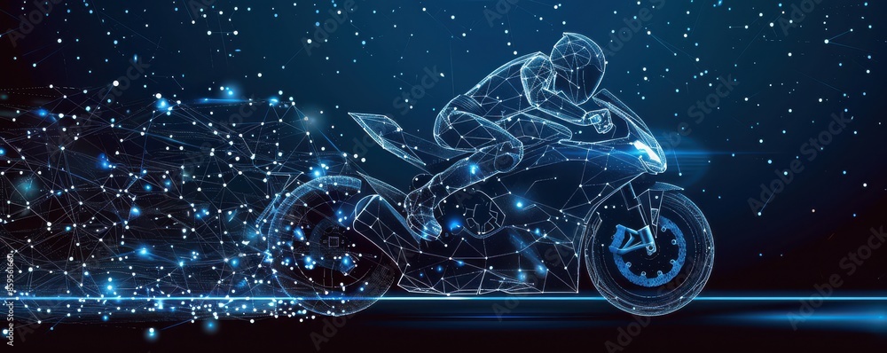 Wall mural abstract image of a motorcycle racing in the form of digital art with neon lights and futuristic ele