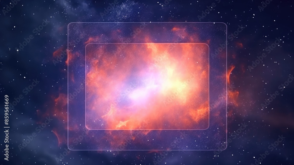 Poster abstract of mysterious geometric shape portal or frame with nebula light release particle or plasma 
