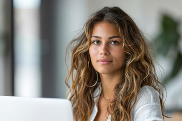 Businesswoman working on a laptop, isolated against a white backdrop,