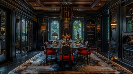 Elegant and luxurious dining room with dark wood paneling, ornate chandelier, and sophisticated decor
