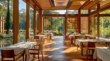 Fototapeta premium Elegant restaurant interior with natural lighting and a view of the garden, ready for fine dining guests. 