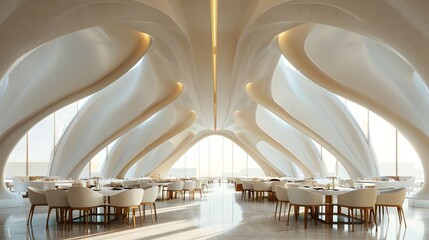 Modern and elegant restaurant interior with organic design features and panoramic windows overlooking a serene view, priced uniquely for quality stock photography 