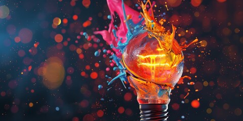 Energetic paint splashes crafting a lightbulb created by ai