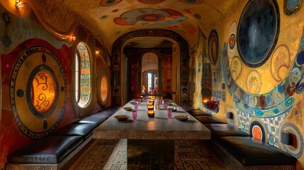 Obraz premium Opulent and colorful interior design of a room with intricate patterns and artwork, offering an exotic dining experience 