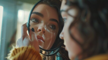 A woman looks into a mirror, checking her appearance