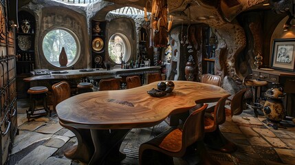 Vintage wooden table in an eclectic and artistic room interior with unique decor and ambient lighting. 