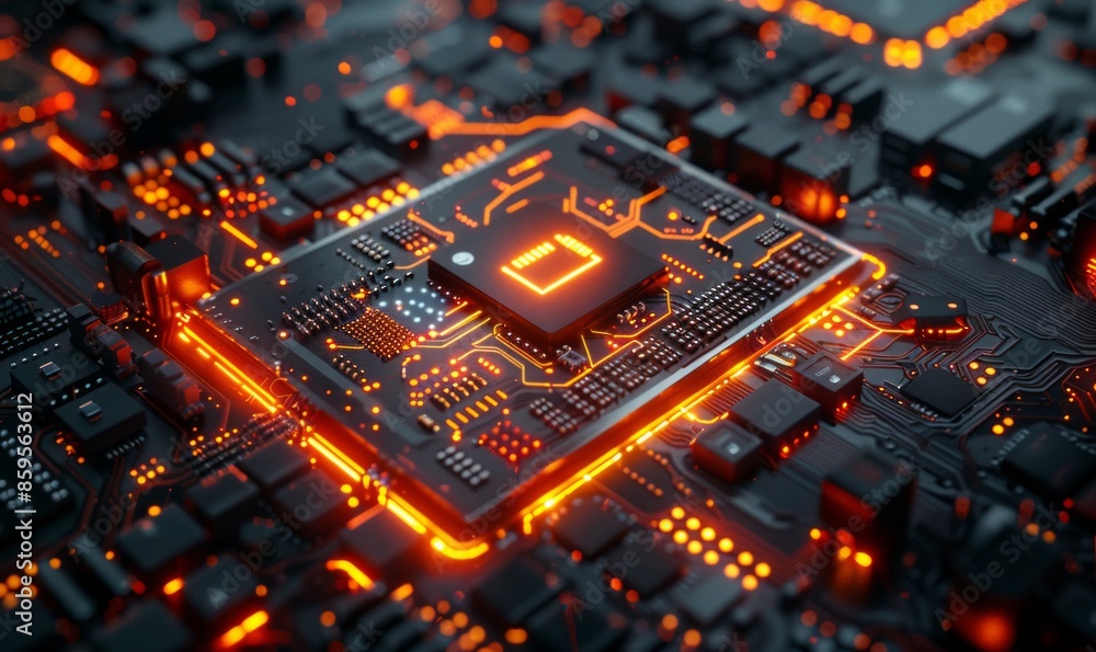 Aufkleber communication technology concept with illuminated microchip.
