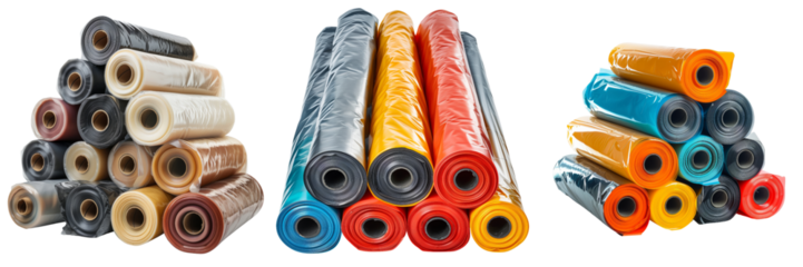 collection of stack of plastic sheeting rolls isolated on transparent background