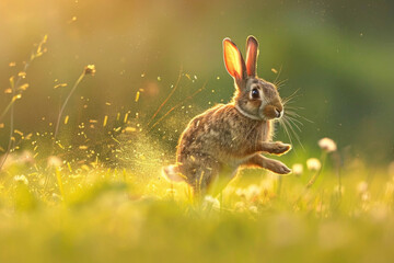 A rabbit darts across a field, its body stretched out in a burst of speed