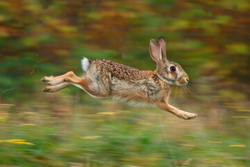 A rabbit darts across a field, its body stretched out in a burst of speed