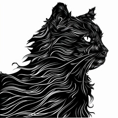 Obraz premium A black and white drawing of a cat with long hair