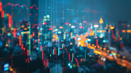 Double exposure of candle stick graph chart with indicator with stock market price screen and city background, stock exchange trading, investment and financial concept