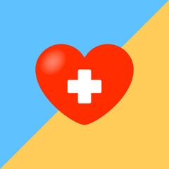 Obraz premium Red heart and blue and yellow background concept of love and help, donation.