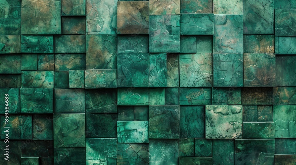 Poster a green wall made of square tiles. the tiles are arranged in a way that creates a pattern