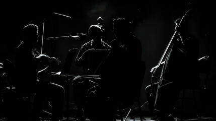 Fototapeta premium Silhouette of String Quartet Performing on Stage - Dramatic Black and White Concert Scene with Musicians and Instruments
