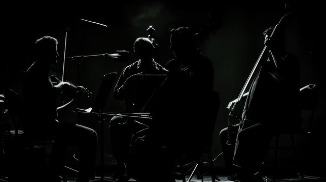 Silhouette of String Quartet Performing on Stage - Dramatic Black and White Concert Scene with Musicians and Instruments