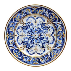 Naklejka premium Ornate ceramic plate featuring an intricate blue and gold floral design on a white background. The detailed, symmetrical pattern and the fine gold accents give it a regal and elegant appearance, suita