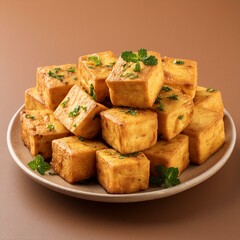 Indian delicious roasted cottage cheese cubes also called fried paneer on brown background