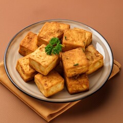 Indian delicious roasted cottage cheese cubes also called fried paneer on brown background