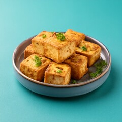 Indian delicious roasted cottage cheese cubes also called fried paneer on cyan background