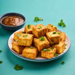 Indian delicious roasted cottage cheese cubes also called fried paneer on cyan background