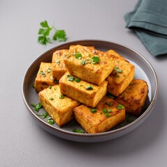 Indian delicious roasted cottage cheese cubes also called fried paneer on grey background