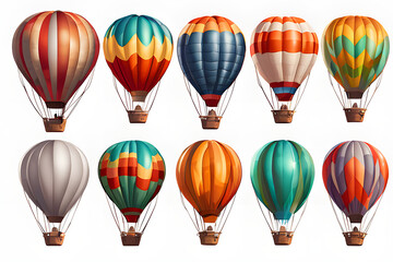 A vibrant illustration of hot air balloons soaring over a picturesque landscape at sunrise. The balloons, in bold hues of orange, red, and purple, contrast beautifully with the warm golden light .