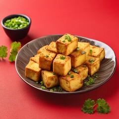 Indian delicious roasted cottage cheese cubes also called fried paneer on red background