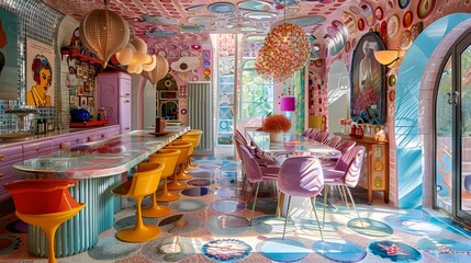 A vibrant and eclectic interior of a cafe with colorful furniture and whimsical decor 