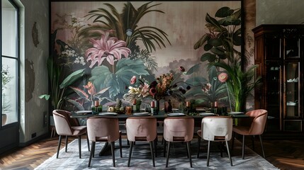 Elegant dining room with tropical themed wallpaper and modern furniture design.