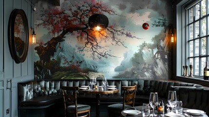 Elegant restaurant interior with stylish mural wall art and sophisticated table settings for fine dining experience. 