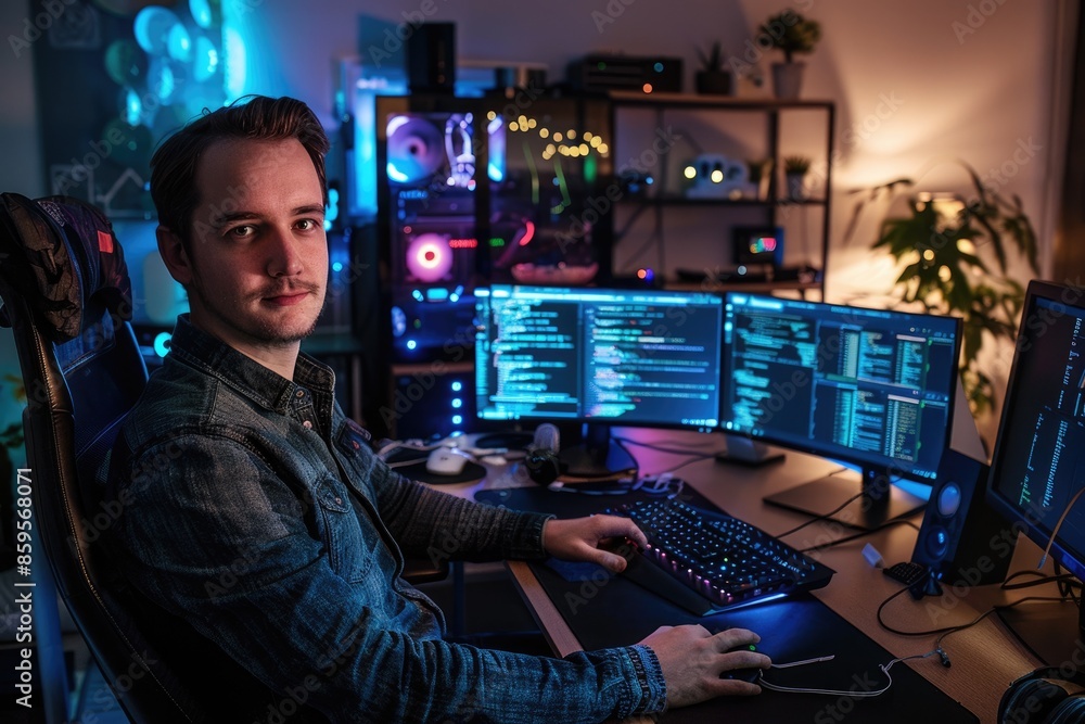 Poster tech-savvy individual coding in a vibrant home office setup with multiple monitors and rgb lighting.