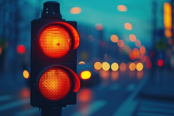 A city crossing with a semaphore, red and orange light in semaphore, traffic control and regulation concept.