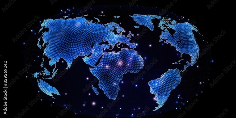Poster glowing digital world map on a dark background with sparkling light points. global communication and