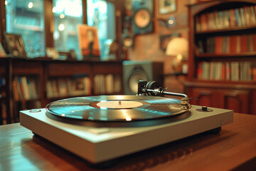 Obraz premium Focus on a silver vinyl record on a table (centerpiece), with a small speaker beside it,