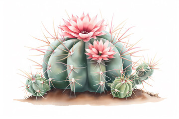 A watercolor illustration of a blooming cactus with pink flowers on a white background.