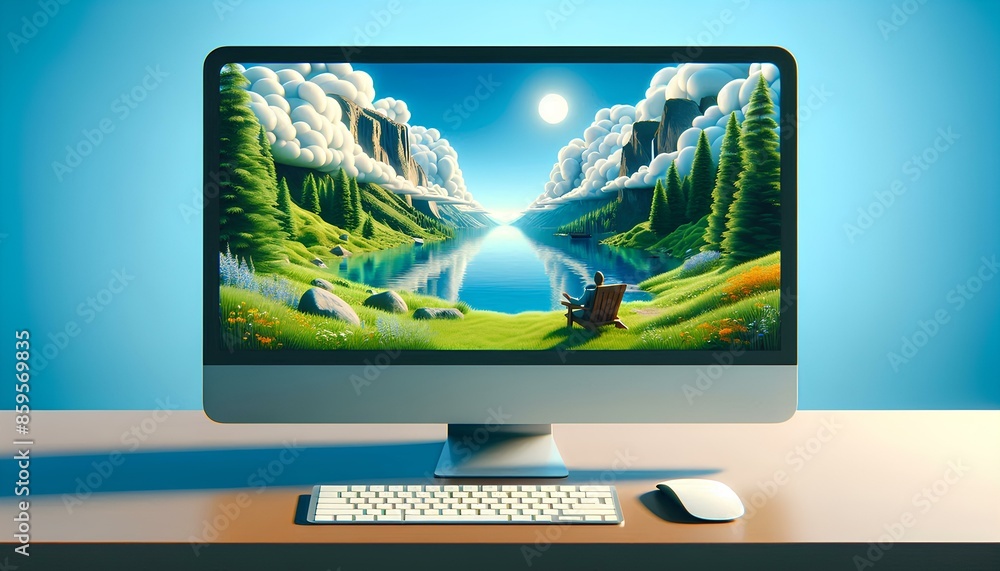 Poster computer monitor on a desk with a keyboard and mouse. the computer screen shows a beautiful landscap