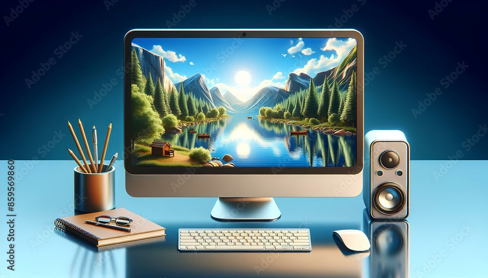 Poster computer monitor on a desk with a keyboard and mouse. the computer screen shows a beautiful landscap