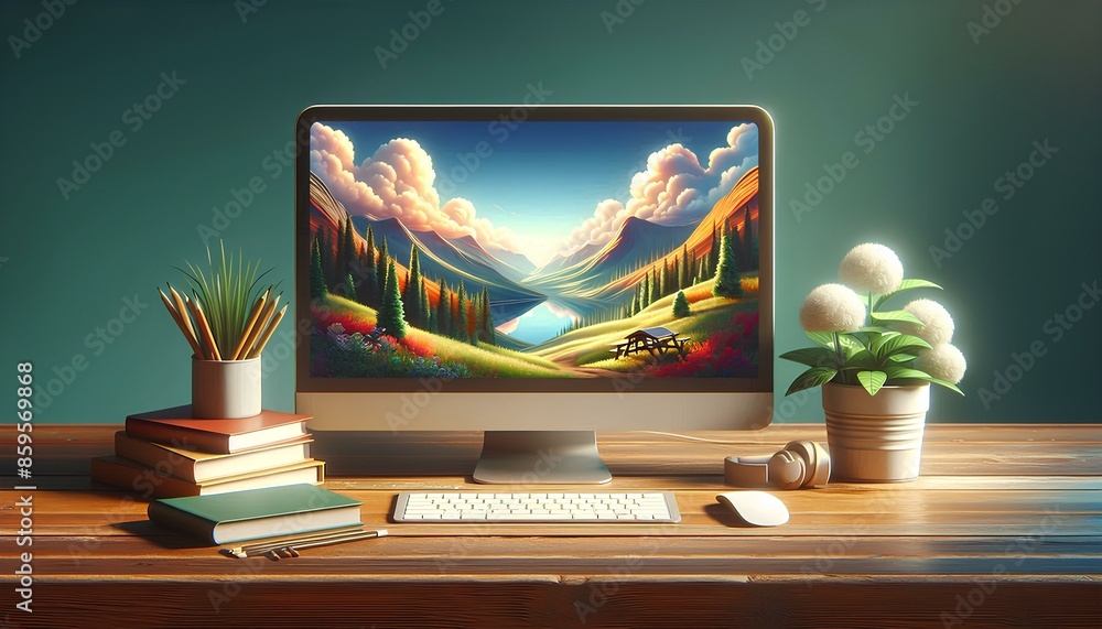 Poster computer monitor on a desk with a keyboard and mouse. the computer screen shows a beautiful landscap