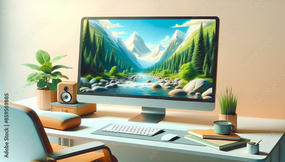 Poster computer monitor on a desk with a keyboard and mouse. the computer screen shows a beautiful landscap