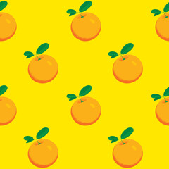 Fruit seamless pattern with taste whole orange on yellow backdrop. Summer vector background in flat style with citrus fruits. Suitable for wallpaper, wrapping paper, fabric