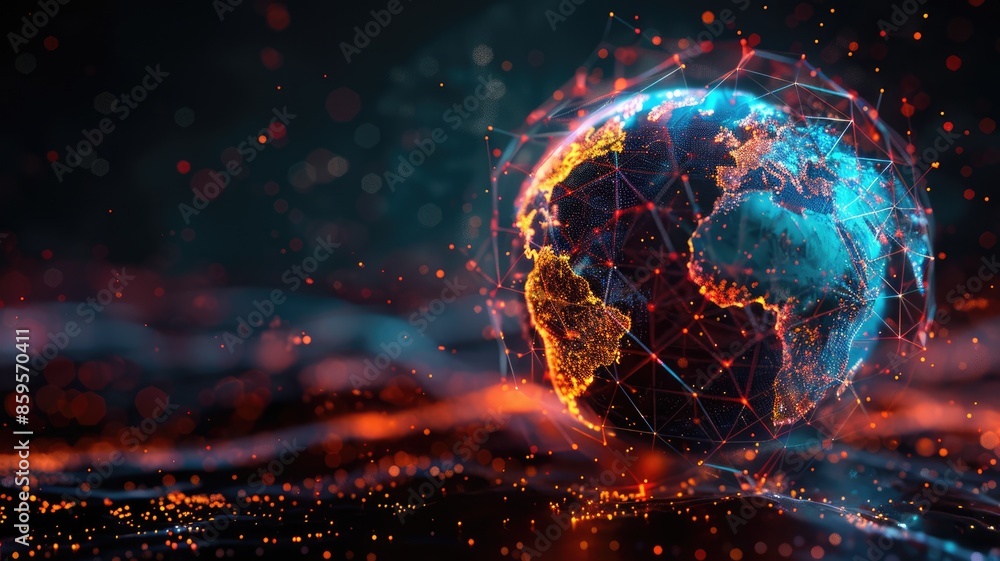 Poster digital representation of earth with glowing networks on a dark background. 3d rendering image of gl