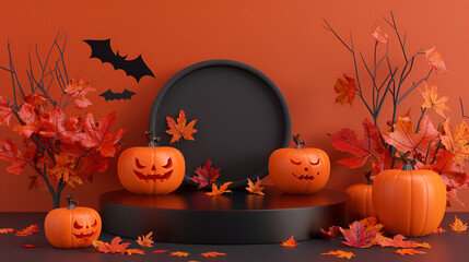 Halloween podium background pumpkin product platform scene display. Background orange autumn podium 3D render scary party spooky fall, happy halloween mockup abstract studio pedestal