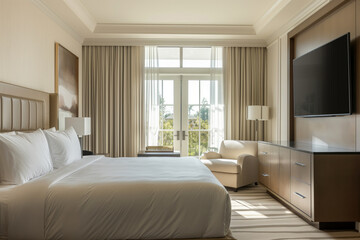 Luxury minimalist hotel room with large bed and day city view