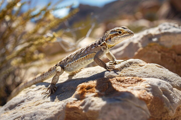 Fototapeta premium A lizard skitters across a sunlit rock, quick and nimble in its movements