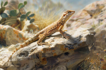 Obraz premium A lizard skitters across a sunlit rock, quick and nimble in its movements